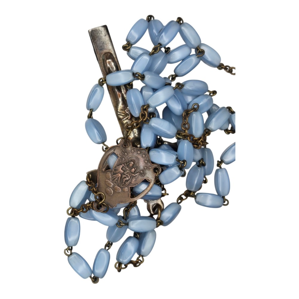 Vintage Catholic Rosary Light Blue Glass Beads Metal Crucifix Prayer Necklace - Picture 7 of 8